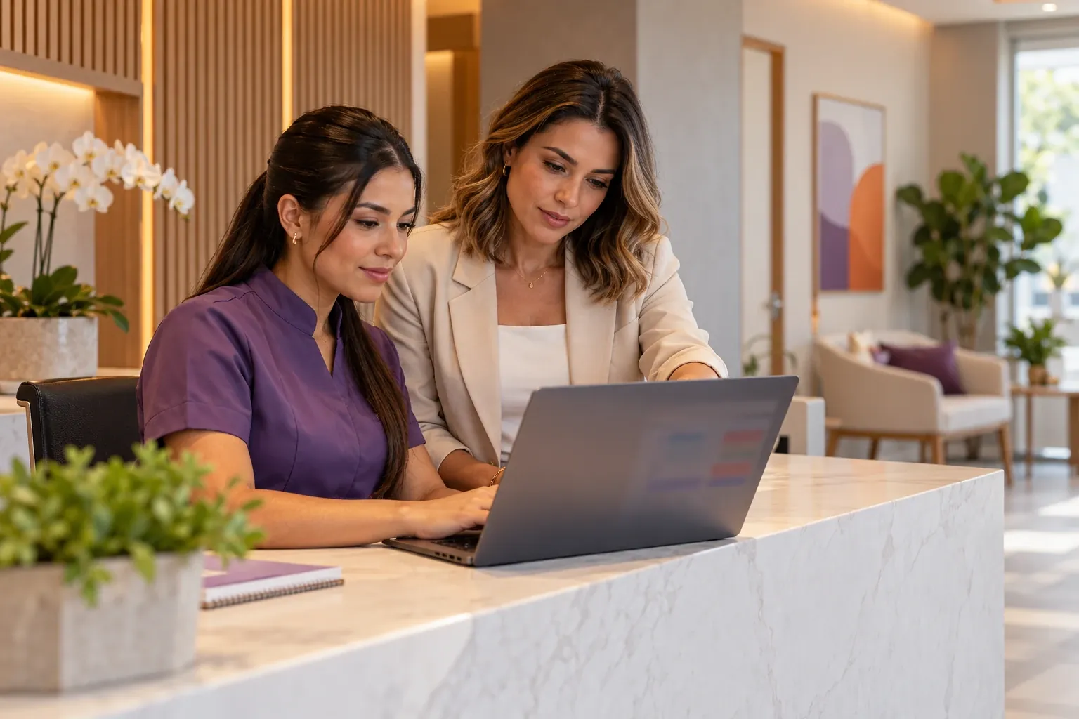 Recepcionista e gestora de uma clínica revisando juntas um fluxo no notebook.