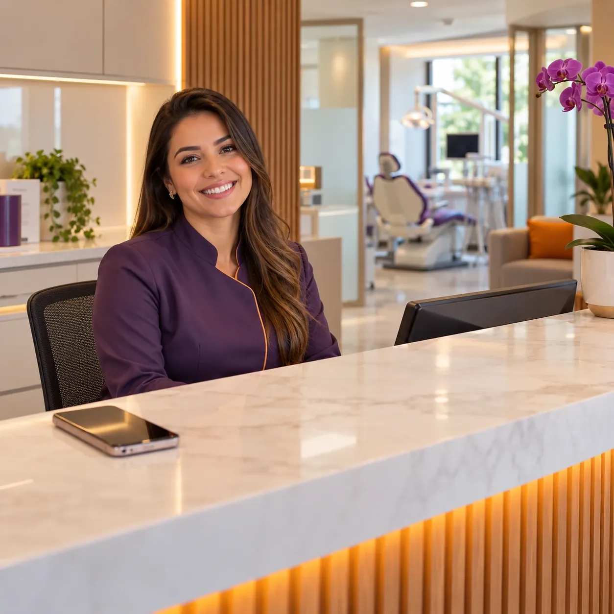Recepcionista de clínica odontológica sorrindo no balcão da recepção.